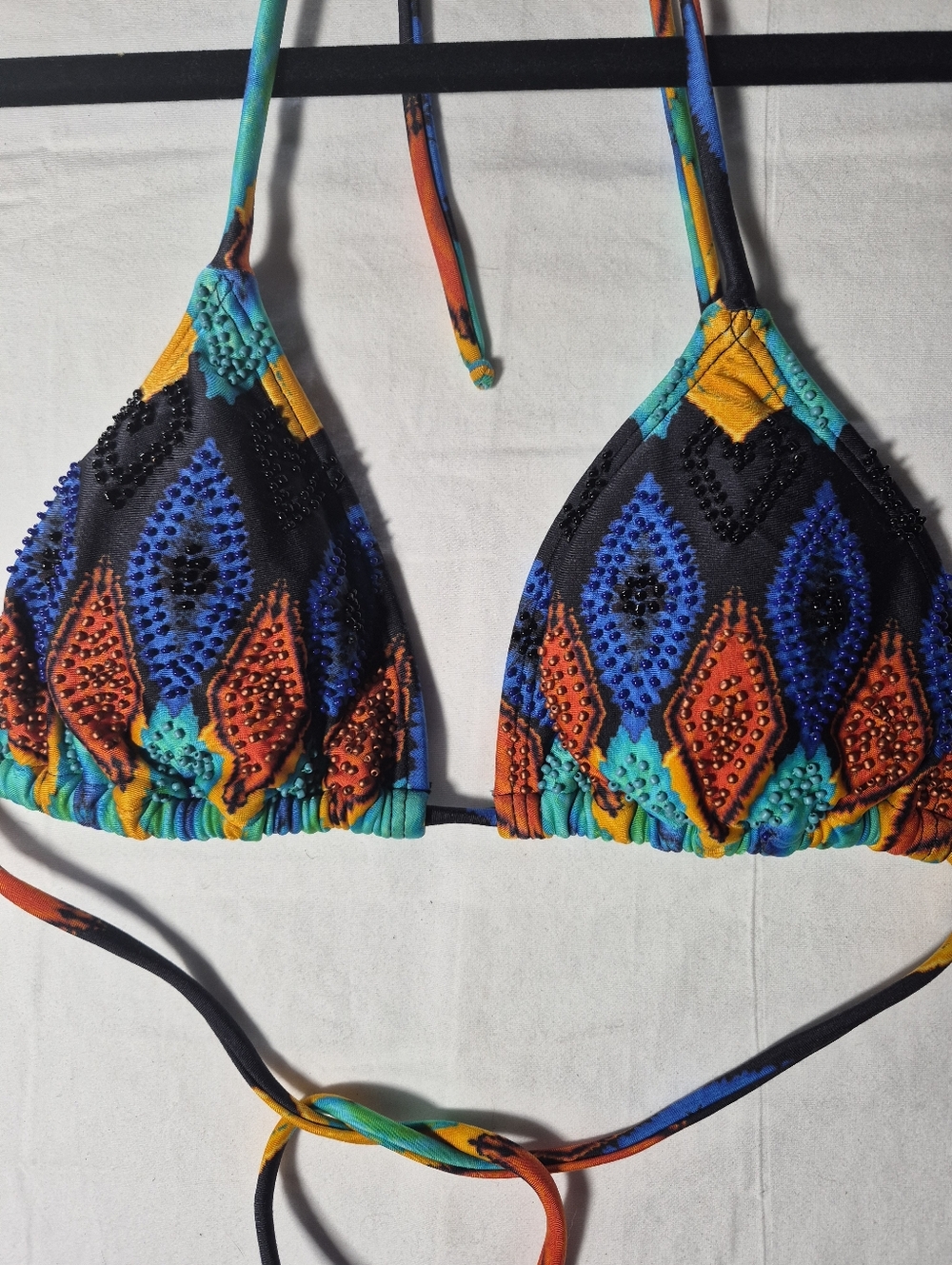 VIX Paula Hermanny Beaded Triangle Bikini Top - Turquoise, Orange & Black Small